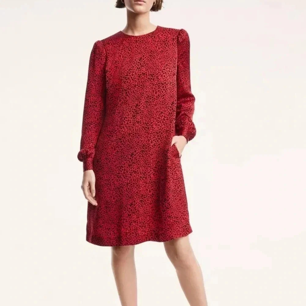 NWT Brooks Brothers Soft Satin Animal Print Dress, Size 2, Black Red w/ Pockets